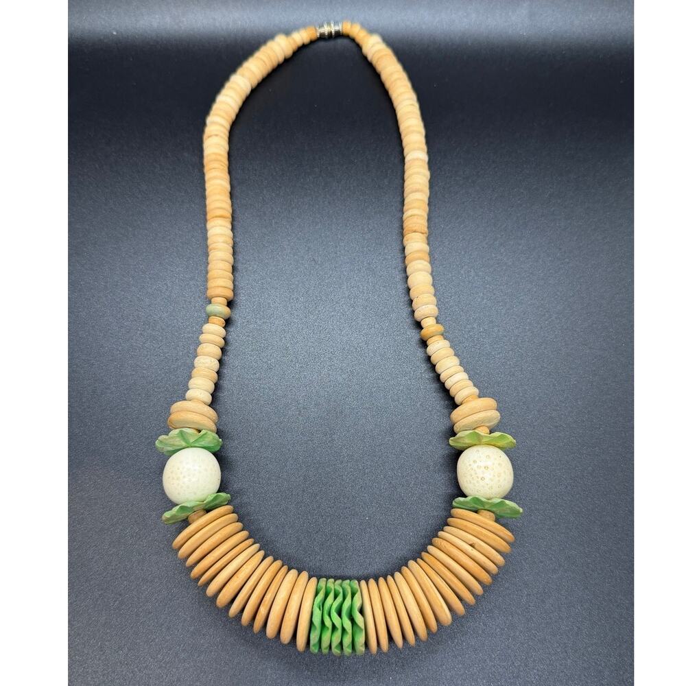 Vintage handcrafted necklace beige wood disc beads, large white round beads